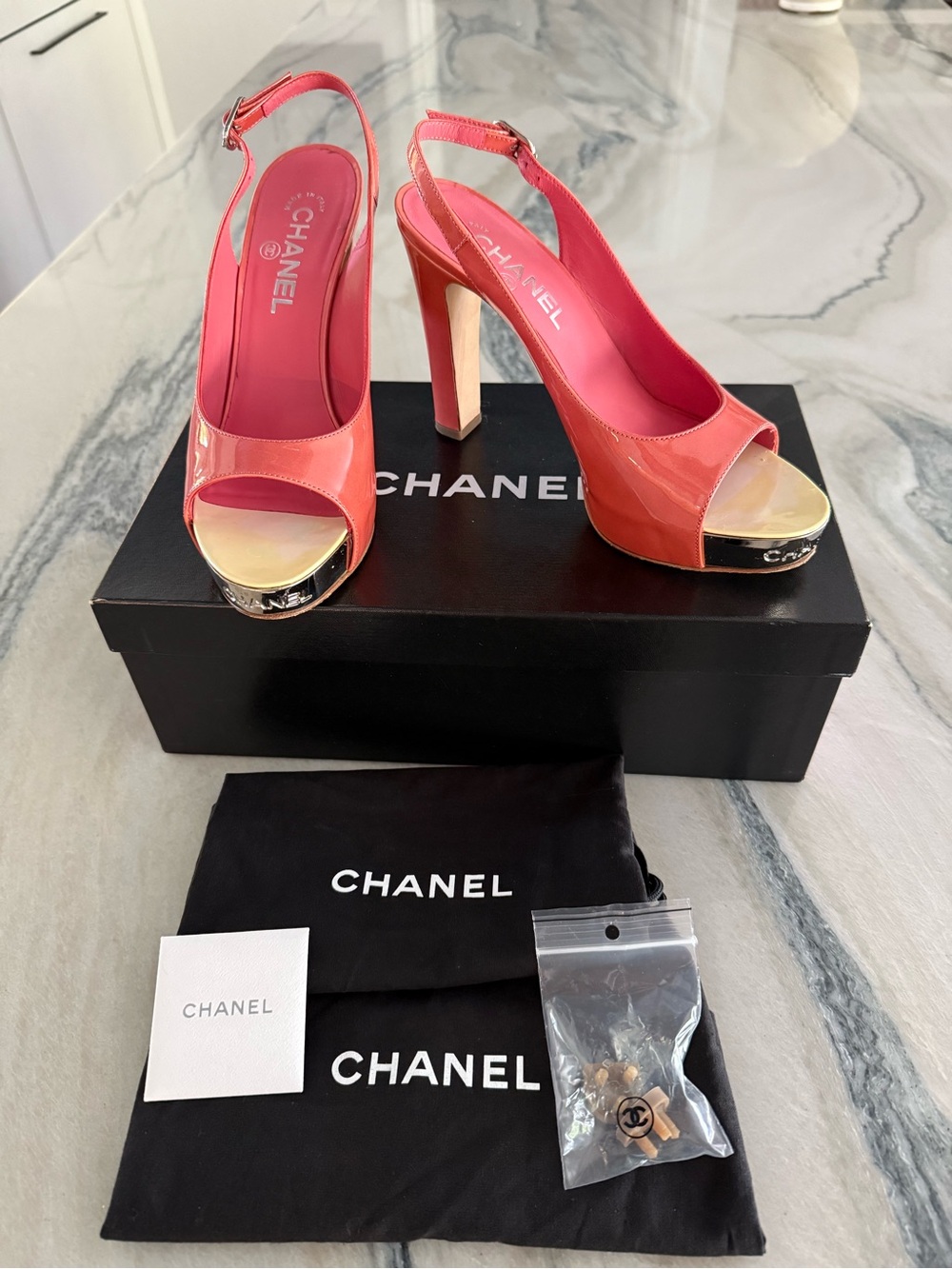 CHANEL Coral-Orange Patent Leather Peep-Toe Slingback Heels with Gold Cap